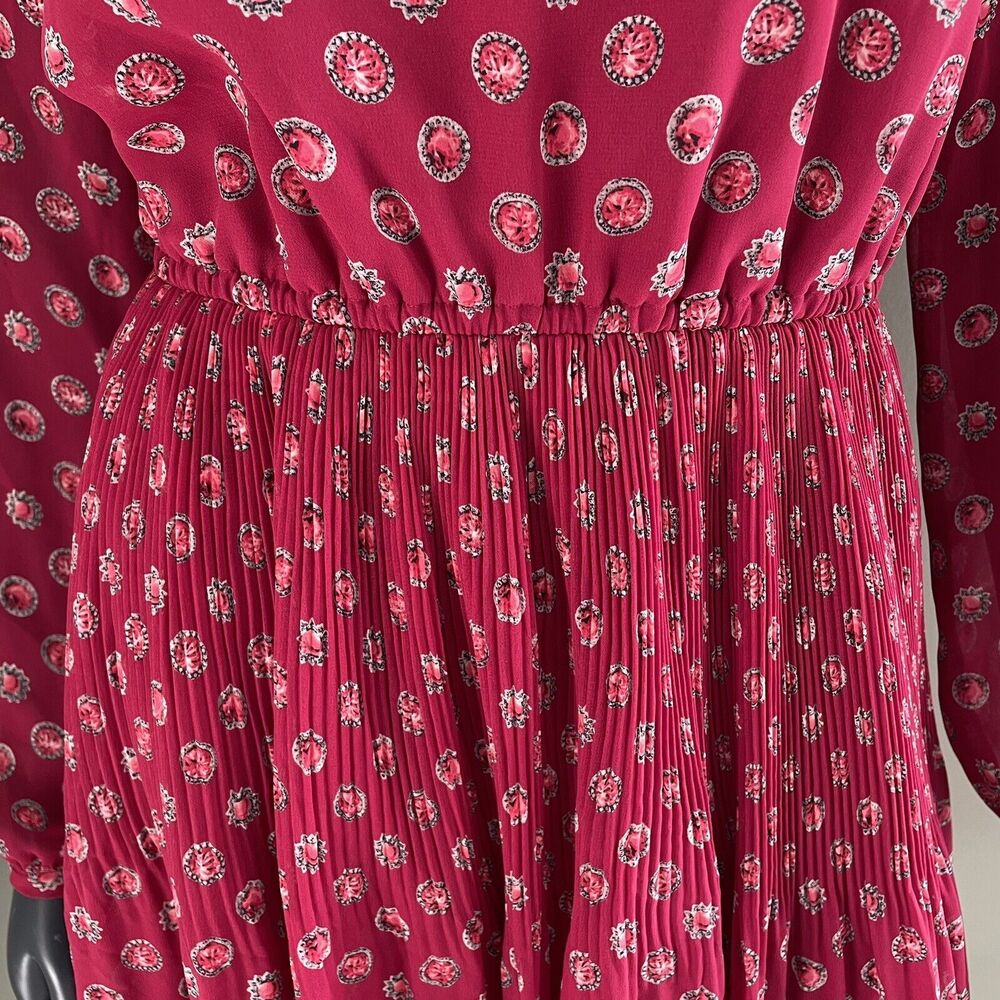 Elle Pink Pleated Dress Long Sleeve Jewel Print strawberry Pink XS - Picture 11 of 13